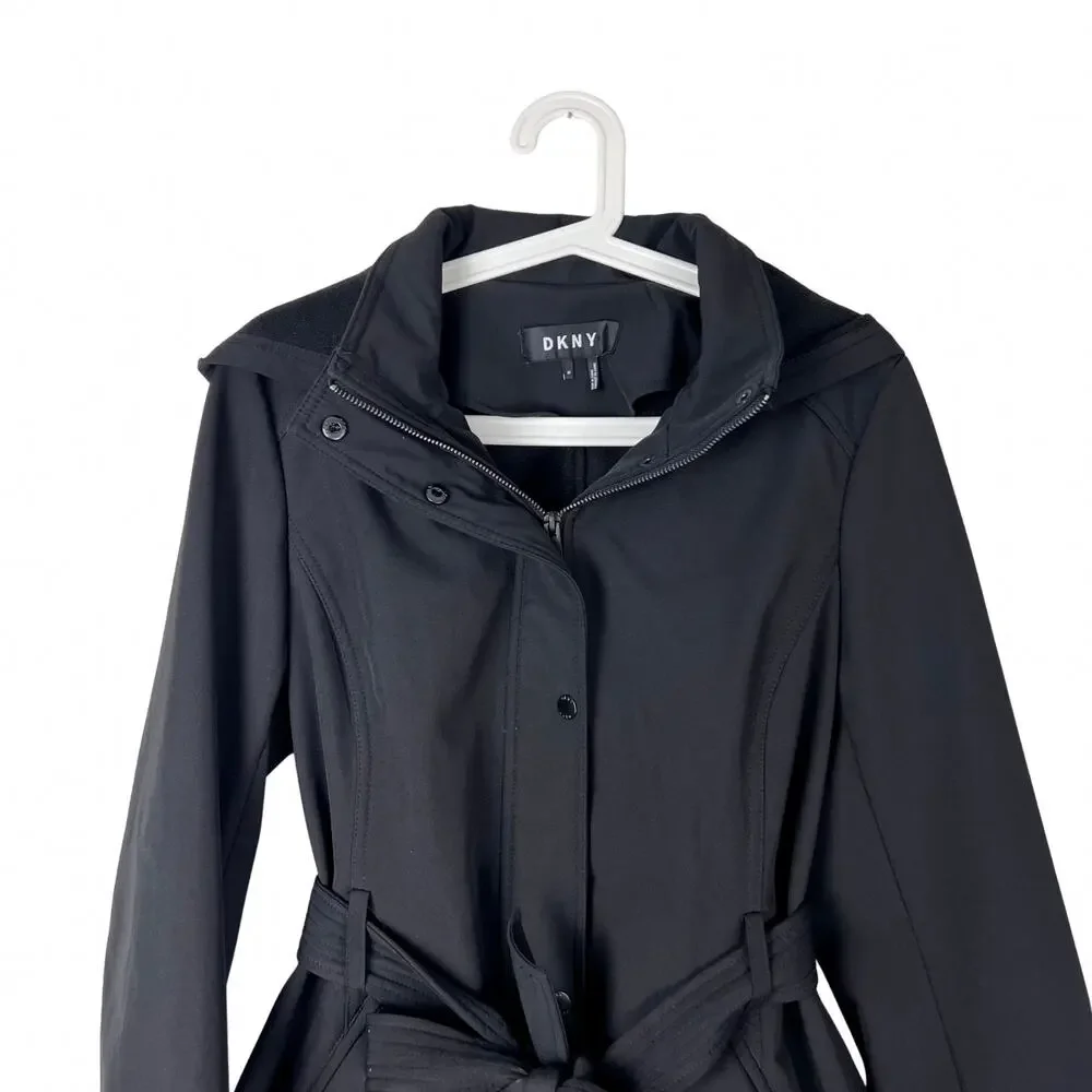 DKNY Black Hooded Belted Coat Women’s Medium Softshell Trench Jacket - Picture 2 of 8